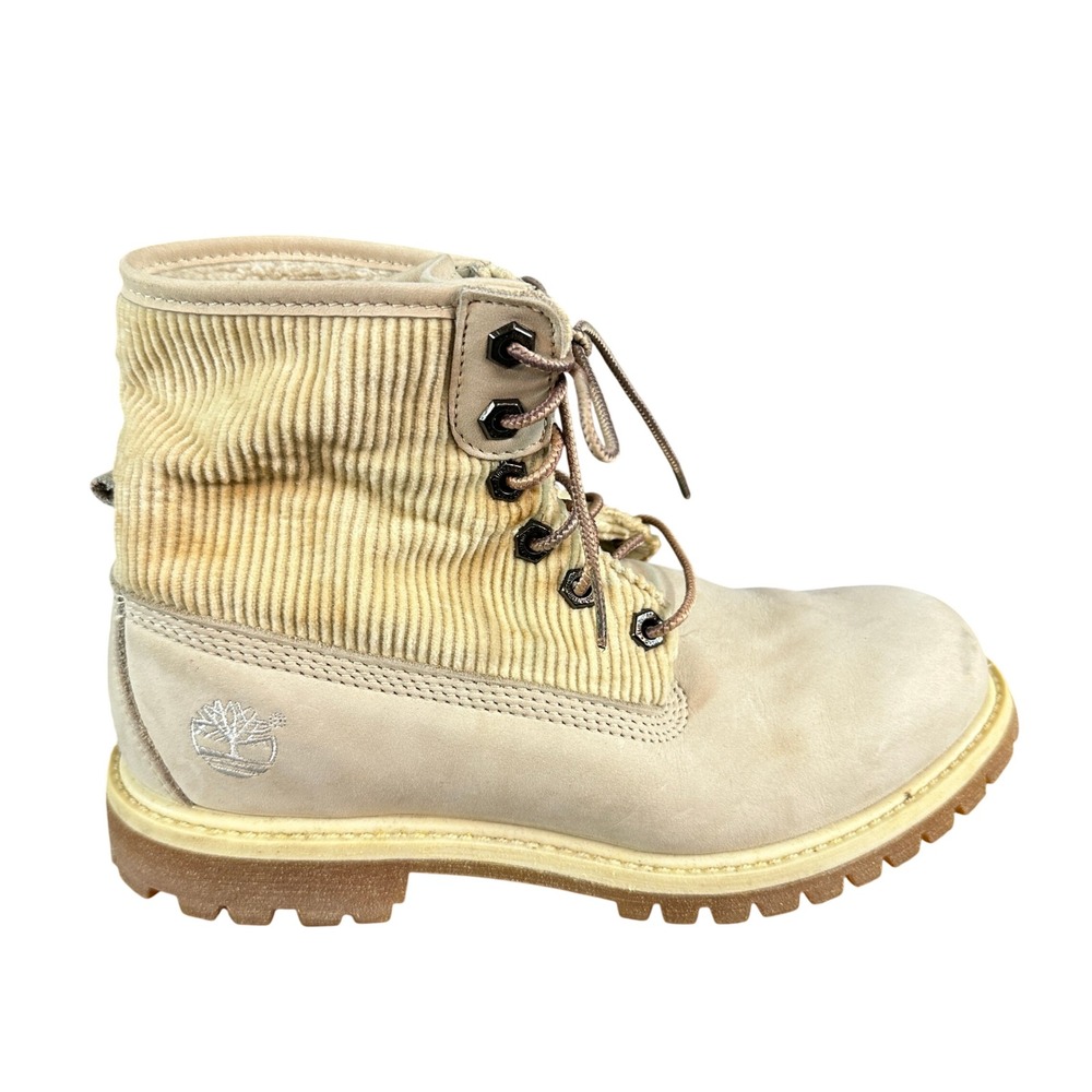 Timberland 6 Inch Premium Boots Cream Nubuck Tan Corduroy Shearling Lined 7.5